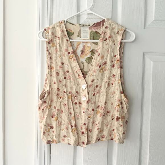 Melrose Vintage 90s Beige Pink Floral Design Rayon Iridescent Button Up Vest 10 - Picture 1 of 10